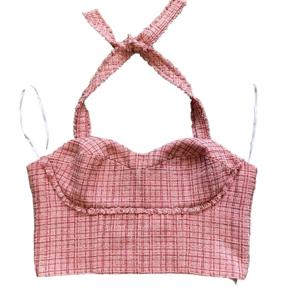 GUESS Women's Tweed Bustier Maisie Top Preppy Pink Medium feminine concert boho